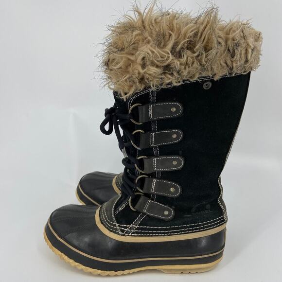 Sorel Joan of Arctic Snow Boots Leather Rubber Faux Fur Waterproof Black Size 7 - Picture 3 of 13